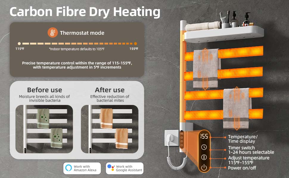 SIOYIE Smart Rotating Heated Towel Rack For Bathroom, Wall-Mounted Electric Towel Dryer With Swivel Bars & Shelf, Smart Timer, Low Carbon Steel, Plug-in/Hardwired, Towel Warmer With Wi-Fi App Control_voghion.com